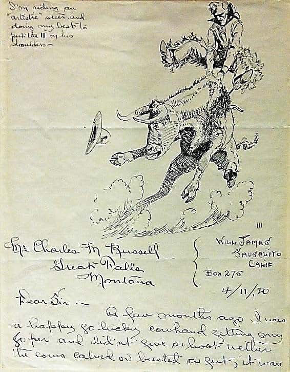 Will James (1892-1942). "Mr. Charles M. Russell, Great Falls, Montana, April 11, 1920." Letter to Charlie Russell, pen and ink on toned paper. Gift of William E. Weiss. 79.60.1A/B