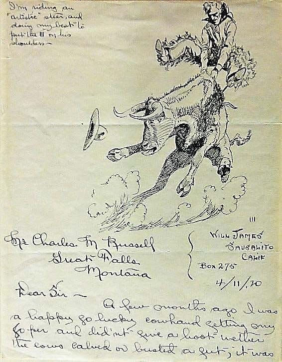 Will James (1892-1942). "Mr. Charles M. Russell, Great Falls, Montana, April 11, 1920." Letter to Charlie Russell, pen and ink on toned paper. Gift of William E. Weiss. 79.60.1A/B