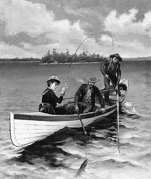 Frederic Remington (1861-1909). Her First Muskallonge, Harper's Weekly (October 6, 1888), wood engraving. (CR# 00368)