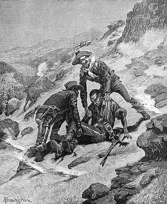 Figure 8. Frederic Remington (1861-1909). Soldiering in the Southwest--The Rescue of Corporal Scott, 1886. Harper's Weekly (August 21, 1886) wood engraving. (CR# 00049)