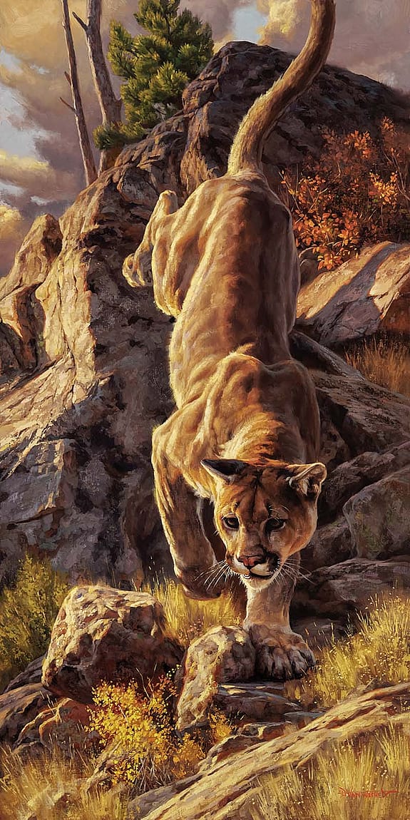 "Making Dinner Plans" by Dustin Van Wechel, Oil, 48 x 24 inches. Buffalo Bill Art Show & Sale, 2022.