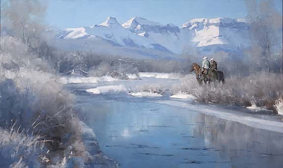 "Spring Thaw" by David Santillanes, Oil, 24 x 40 inches. Buffalo Bill Art Show & Sale, 2022.