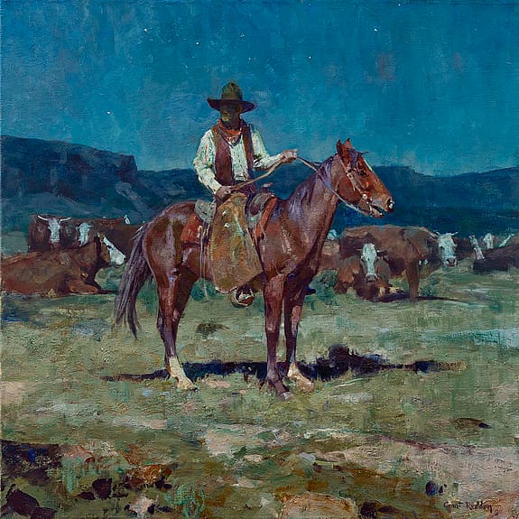 "Night Rider" by Grant Redden, Oil, 24 x 24 inches. Buffalo Bill Art Show & Sale, 2022.