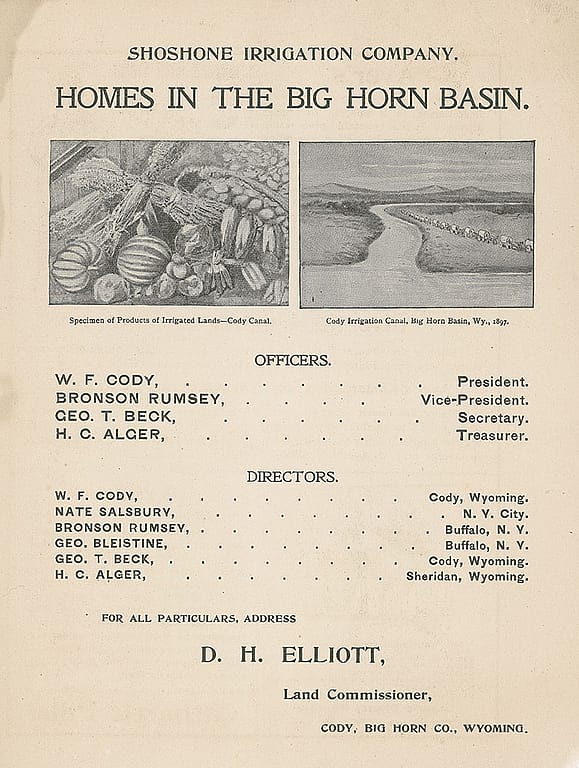 With their Shoshone Irrigation Company, Cody and Beck had big plans for settling Wyoming's Bighorn Basin with the construction of the Cody Canal. MS6 William F. Cody Collection. MS6.6.A.4.9.1.01b