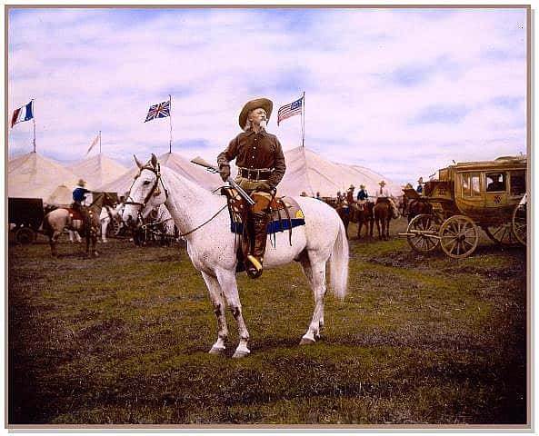 A 1901 "Nebraska Journal" reporter was certain William F. Cody harbored some unusual beauty secrets. Buffalo Bill on horseback behind the scenes at a Wild West show, ca. 1910. MS 6 William F. Cody Collection, McCracken Research Library. P.69.82
