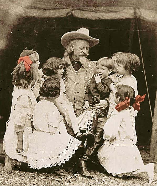 Buffalo Bill loved children and was brokenhearted at the plight of the widow's "tots," saying, "You could have felled me with a feather the next moment, when I heard the sweet, soft voice of a little child - it was two long years since I’d last heard one…" Vincent Mercaldo Collection. P.71.1459. (Colorized)