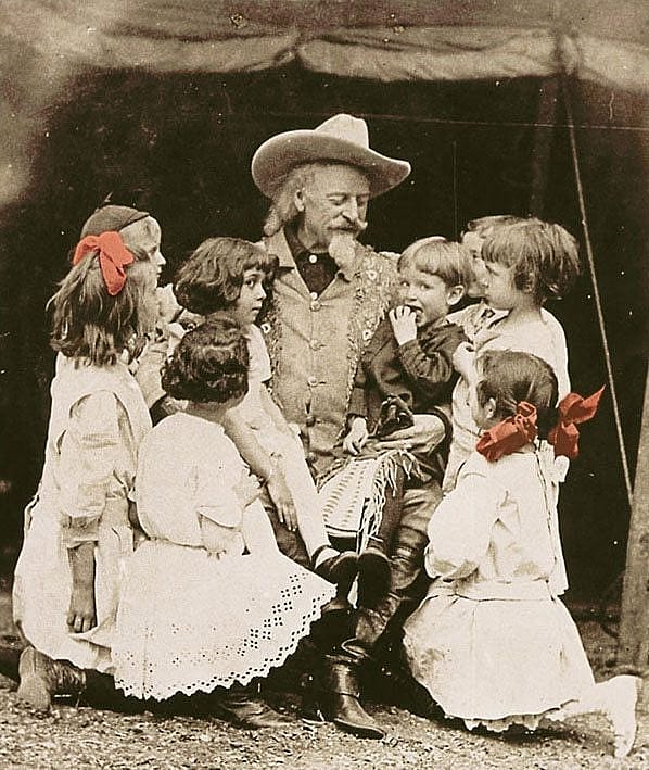 Buffalo Bill loved children and was brokenhearted at the plight of the widow's "tots," saying, "You could have felled me with a feather the next moment, when I heard the sweet, soft voice of a little child - it was two long years since I’d last heard one…" Vincent Mercaldo Collection. P.71.1459. (Colorized)