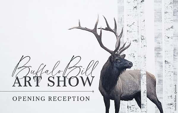 Muted artwork of an elk on white background with white-barked trees. "Quietude" by Andrew Bolam, Buffalo Bill Art Show & Sale.