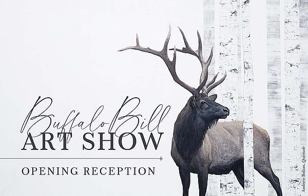 Muted artwork of an elk on white background with white-barked trees. "Quietude" by Andrew Bolam, Buffalo Bill Art Show & Sale.
