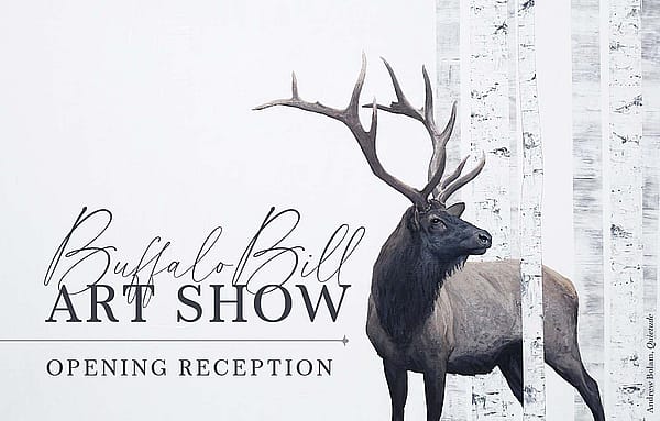 Muted artwork of an elk on white background with white-barked trees. "Quietude" by Andrew Bolam, Buffalo Bill Art Show & Sale.