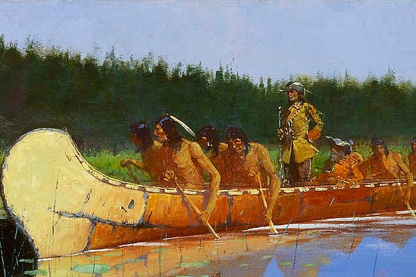 Frederic Remington (1861-1909). "Radisson and Groseilliers." Gift of Mrs. Karl Frank. 14.86 (detail)
