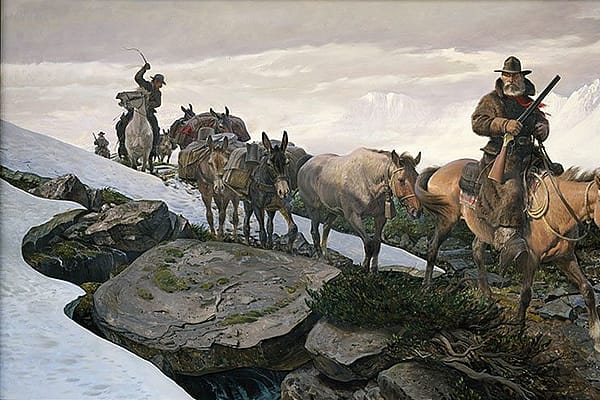 John Clymer (1907 – 1989). "The Gold Train," 1969 – 1970. Oil on canvas, 60 x 120 in. Gift of Winchester-Western Division, Olin Corporation. 27.70