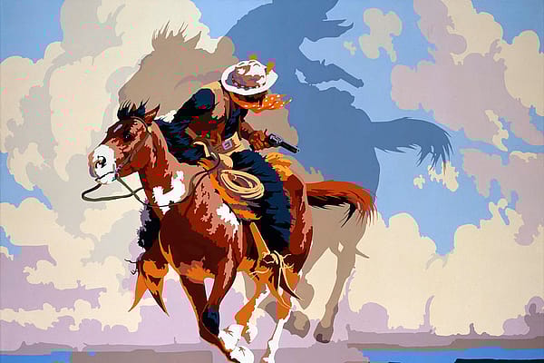 The 1994 oil painting, “A Flight from Destiny,” by Bill Schenck, shows a fleeing cowboy wielding a horse pistol as he checks behind for pursuers. Oil on canvas. Gift of The Alexander Bodini Foundation, in memory of Alexander Bodini. 1.95