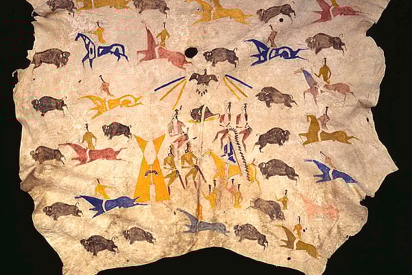 Fig. 1: Cadzi-Codsiogo, painted hide, Eastern Shoshone, ca. 1900. Tanned cow hide and pigment. Museum Purchase, Mary Jester Allen Collection. NA.702.31