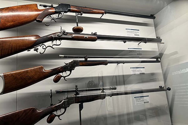 Schuetzenfest rifles are on display in the shooting sports section of the Cody Firearms Museum.