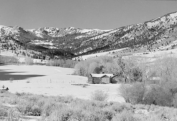 Mooncrest Ranch house in snow on upper Rattlesnake Creek, December 1950. MS 089 Jack Richard Photograph Collection, McCracken Research Library. PN.89.113.21328.14
