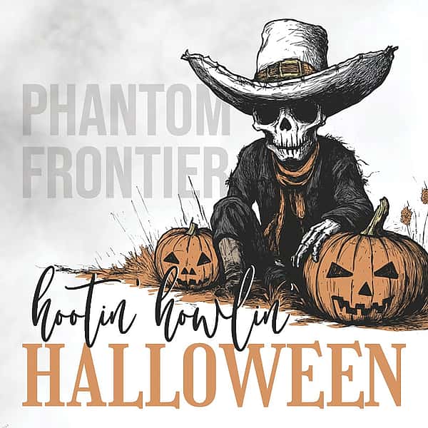 Pumpkins and a skeleton with a cowboy hat, with text "Phantom Frontier Hootin' Howlin' Halloween."