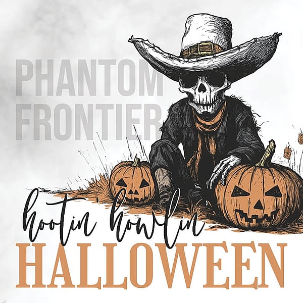 Pumpkins and a skeleton with a cowboy hat, with text "Phantom Frontier Hootin' Howlin' Halloween."