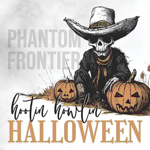 Pumpkins and a skeleton with a cowboy hat, with text "Phantom Frontier Hootin' Howlin' Halloween."