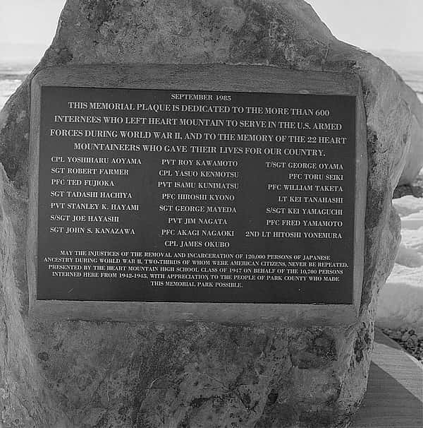 Memorial plaque at Heart Mountain Relocation Center. MS 89 Jack Richard Photograph Collection, McCracken Research Library. PN.89.111.21238.16