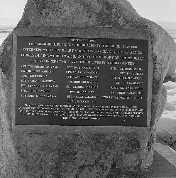 Memorial plaque at Heart Mountain Relocation Center. MS 89 Jack Richard Photograph Collection, McCracken Research Library. PN.89.111.21238.16