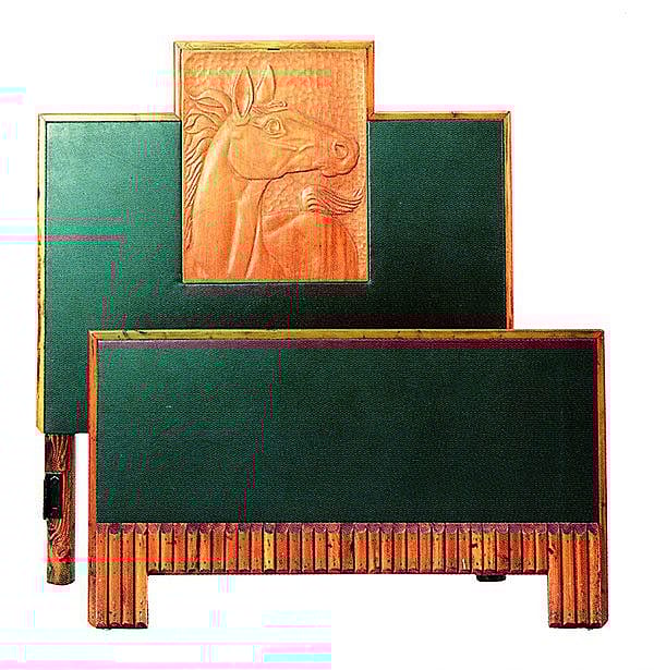 One of a set of twin beds, this Molesworth bedstead has a plywood framework, fir legs, and shaped pole and leather trim. The carved horse decoration was completed by one of a number of western artisans contracted to do piecework for Molesworth. Courtesy of the Paul Stock Foundation