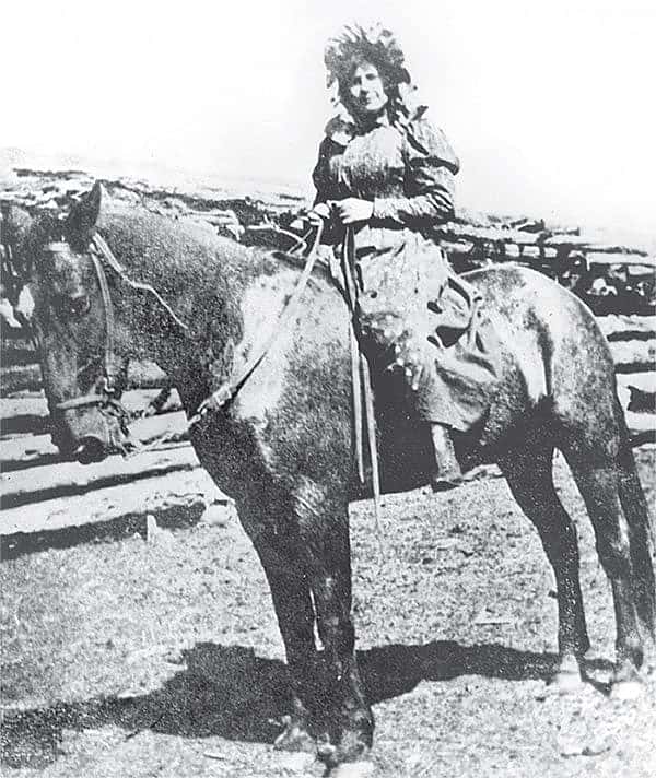 Ella "Cattle Kate" Watson on horseback. Wyoming State Archives, Department of State Parks and Cultural Resources. Sub Neg 4104