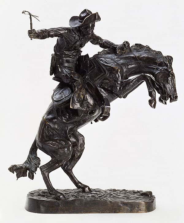 Frederic Remington (1861-1909), "The Broncho Buster," 1895, cast by Roman Bronze Works, N.Y. Bronze, 23.375 x 7.625 x 15.5 inches. Gift of G.J. Guthrie Nicholson Jr. and son in memory of their father/grandfather, G.J. Guthrie Nicholson, rancher at Four Bear, Meeteetse, WY. 7.74