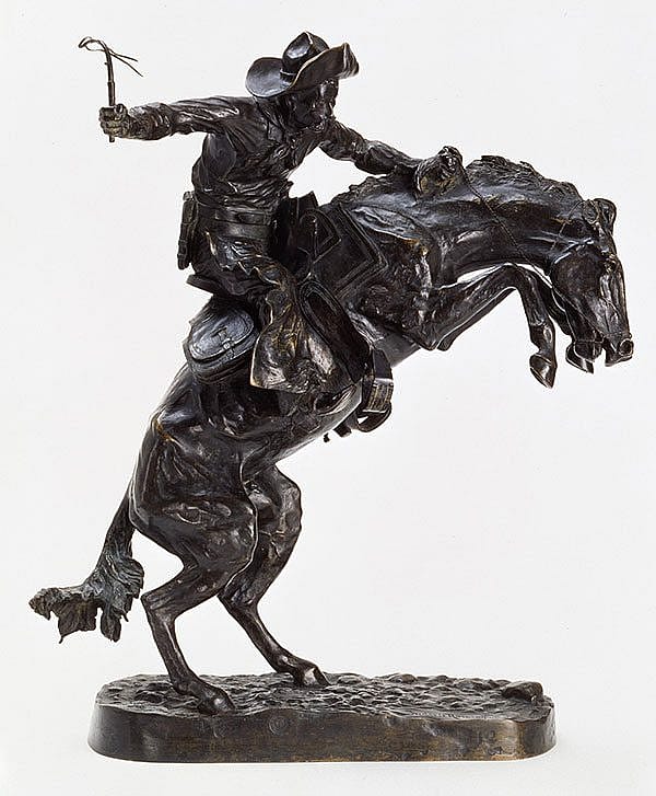 Frederic Remington (1861-1909), "The Broncho Buster," 1895, cast by Roman Bronze Works, N.Y. Bronze, 23.375 x 7.625 x 15.5 inches. Gift of G.J. Guthrie Nicholson Jr. and son in memory of their father/grandfather, G.J. Guthrie Nicholson, rancher at Four Bear, Meeteetse, WY. 7.74