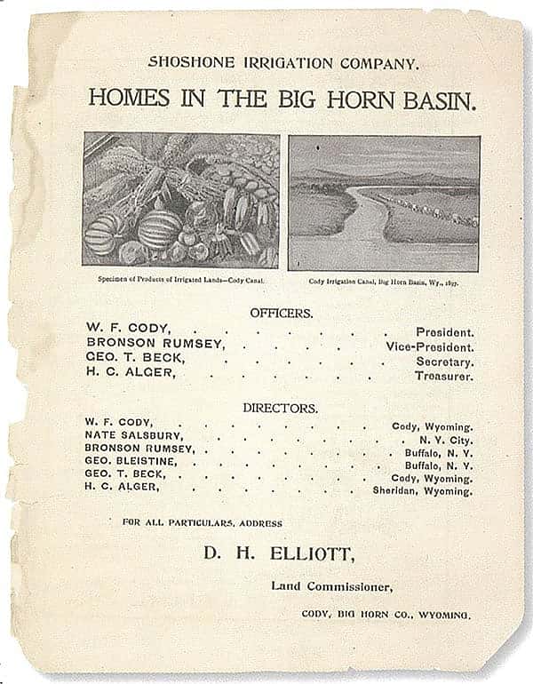 Even in his route book/program, Buffalo Bill promoted the Shoshone Irrigation Company and "Homes in the Big Horn Basin." MS 6 William F. Cody Collection. MS6.6.A.4.9.1.01b