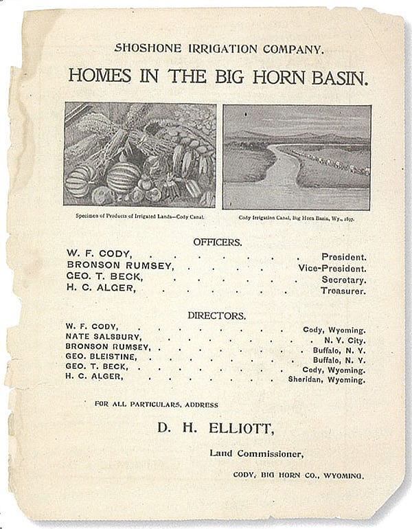 Even in his route book/program, Buffalo Bill promoted the Shoshone Irrigation Company and "Homes in the Big Horn Basin." MS 6 William F. Cody Collection. MS6.6.A.4.9.1.01b
