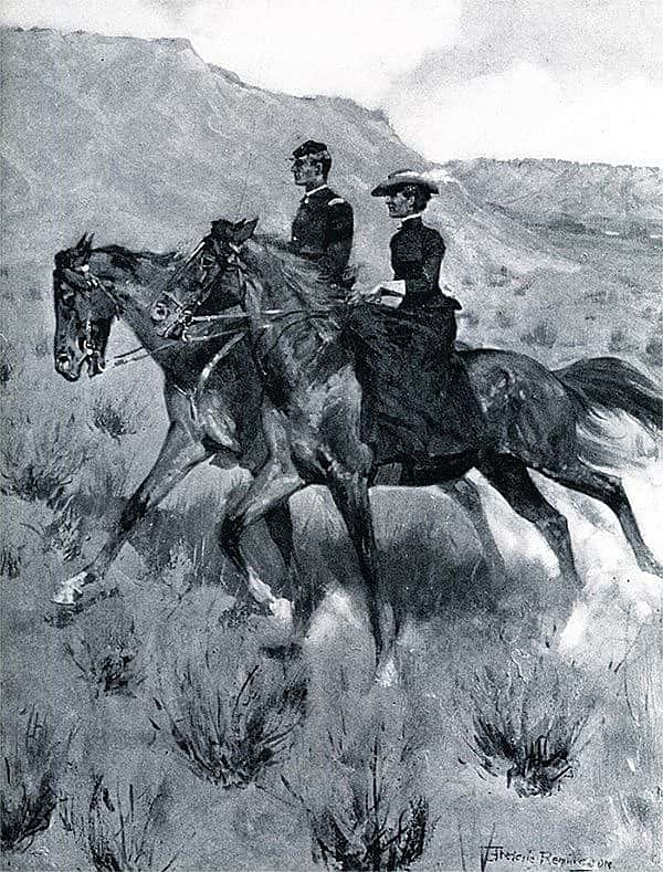 "The Major sought to block that morning's ride in vain," illustration by Frederic Remington, facing page 21 in "A Daughter of the Sioux: A Tale of the Indian Frontier," by Gen. Charles King, 1903.