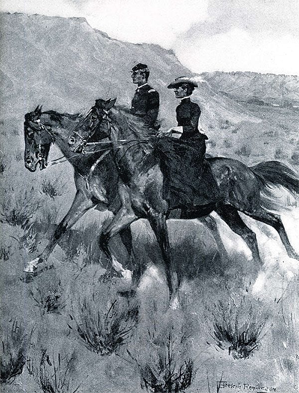 "The Major sought to block that morning's ride in vain," illustration by Frederic Remington, facing page 21 in "A Daughter of the Sioux: A Tale of the Indian Frontier," by Gen. Charles King, 1903.