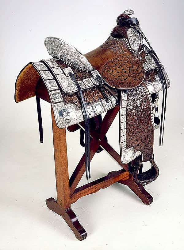 Mission saddle and bridle, 1930. Edward H. Bohlin's handmade silver medallions portray California's early Spanish missions. Leather, sterling silver. Gift of H. Peter Kriendler, and his brothers Mac and Bob Kriendler. 1.69.376AB
