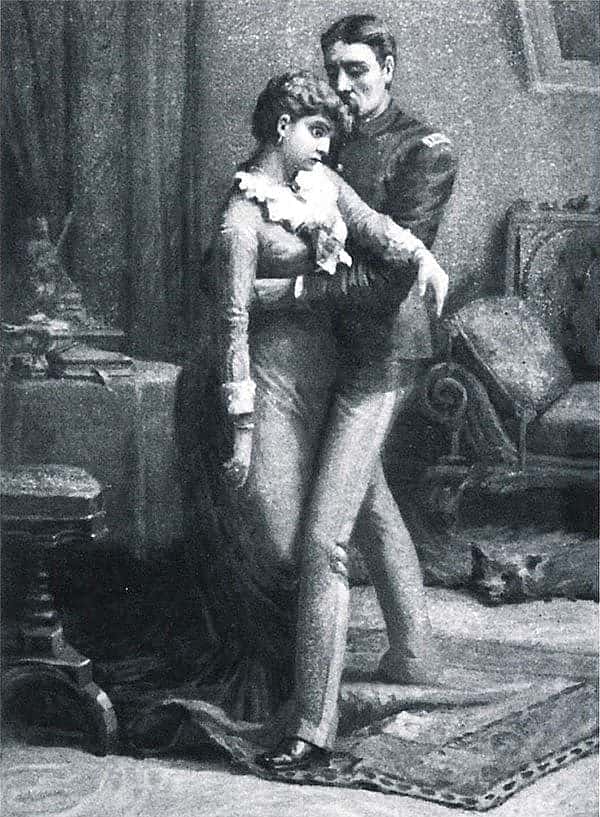 "Down she would have gone but for his quick spring and for his strong arms," illustration by A.F. Harmer, in "Captain Blake," by Capt. Charles King, 1891.