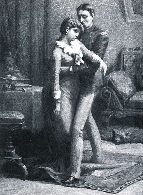 "Down she would have gone but for his quick spring and for his strong arms," illustration by A.F. Harmer, in "Captain Blake," by Capt. Charles King, 1891.