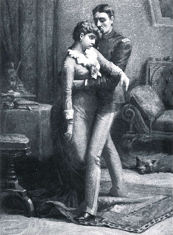 "Down she would have gone but for his quick spring and for his strong arms," illustration by A.F. Harmer, in "Captain Blake," by Capt. Charles King, 1891.
