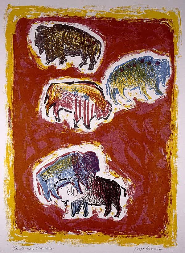 Jaune Quick-To-See-Smith (b. 1940). "Five Buffalo," 1983. Lithograph on paper, 28 x 30 in. Gift of Mrs. Damaris D.W. Ethridge. 1.84.3