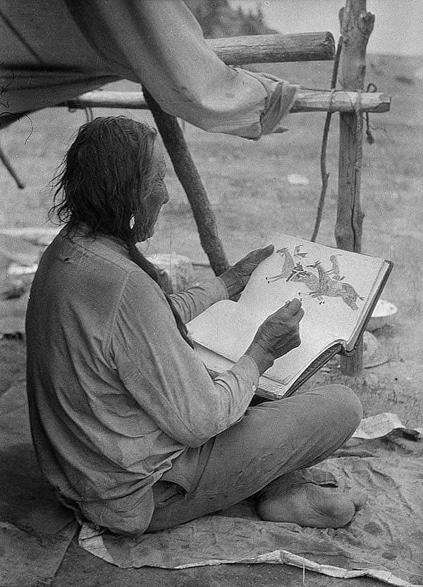 "Wooden Leg depicting an event at the Custer Battle." Thomas B. Marquis wrote the life story of Wooden Leg, a Cheyenne participant of the Battle of the Little Big Horn. This image was printed from Marquis's original nitrate negative. MS 165 Thomas B. Marquis Collection. P.165.1.49