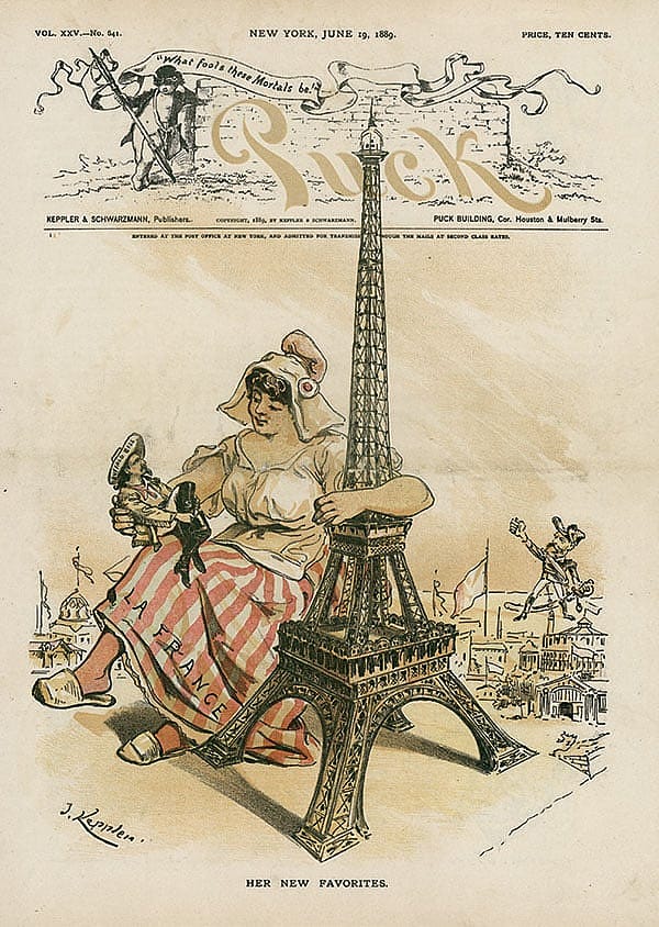 Puck captures Buffalo Bill's popularity with the French in this cover dated June 19, 1889. Visitors to the Buffalo Bill Center of the West can see this illustration in the Buffalo Bill Museum. MS6 William F. Cody Collection. MS6.4073