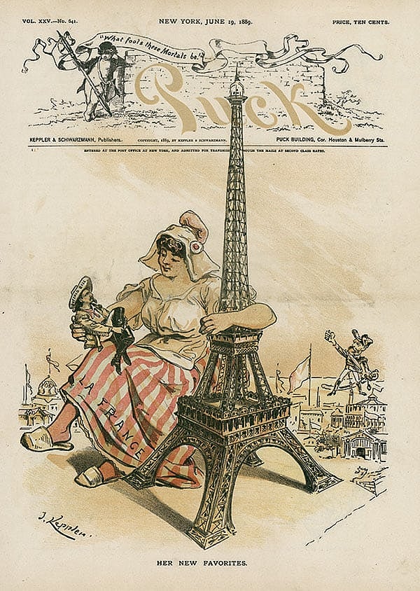 Puck captures Buffalo Bill's popularity with the French in this cover dated June 19, 1889. Visitors to the Buffalo Bill Center of the West can see this illustration in the Buffalo Bill Museum. MS6 William F. Cody Collection. MS6.4073