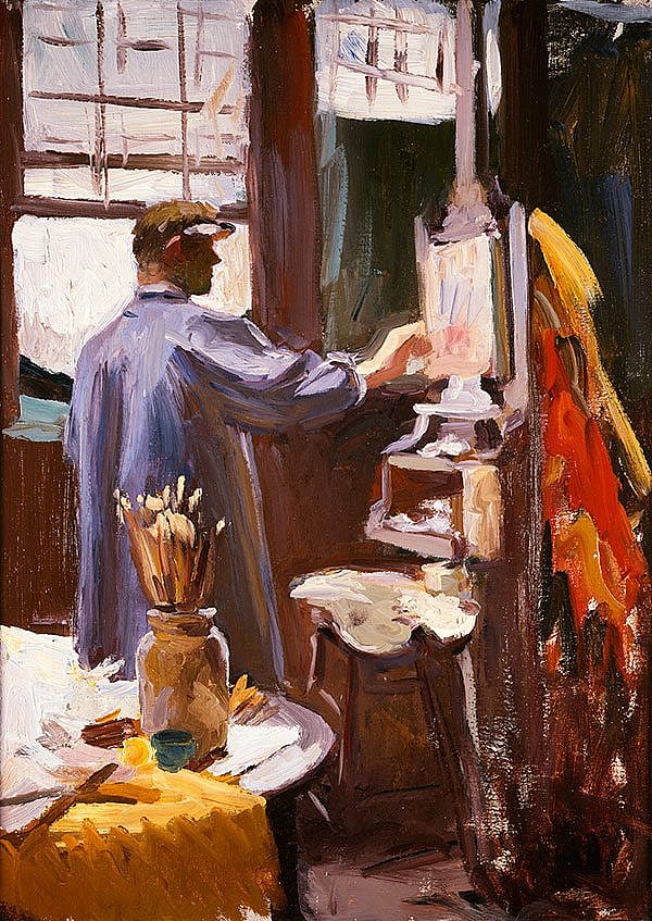 Harvey T. Dunn (1884-1952), "W.H.D. Koerner at His Easel." Oil on canvas, 25 x 18 in. Gift of Ruth Koerner Oliver and W.H.D. Koerner, III. 4.78