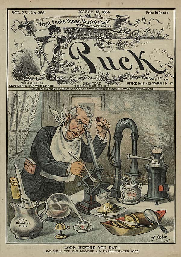 "Look before you eat," is the admonition on March 12, 1884, "and see if you can discover any unadulterated food," an issue not far removed from today's trend toward organic food. LC-DIG-ppmsca-28300