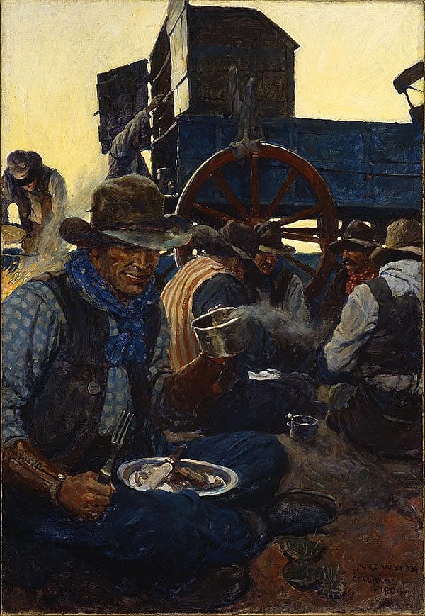 Cowboys on the range knew all the top outfits - especially those with the best food. N.C. Wyeth (1882-1945), "The Lee of the Grub-Wagon," 1904-1905, oil on canvas. Gift of John M. Schiff. 46.83