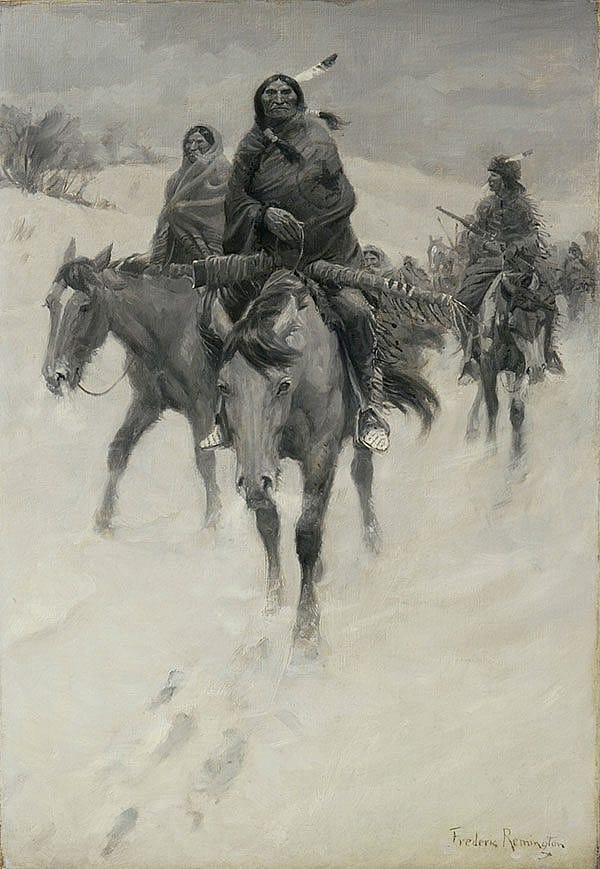 Illustration 1: Since 1965, this was the Glenbow Museum's only Frederic Remington painting, "Warriors' Return." Collection of Glenbow Museum. 65.23.7.