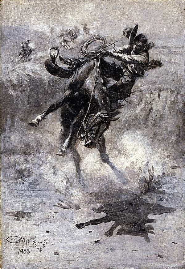 Charles M. Russell (1864-1926). "Escape," 1908. Black and white oil on canvas, 17 5/8 x 12 in. Gift of William E. Weiss. 21.73