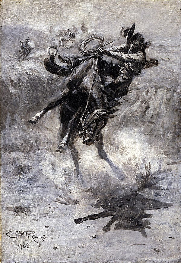 Charles M. Russell (1864-1926). "Escape," 1908. Black and white oil on canvas, 17 5/8 x 12 in. Gift of William E. Weiss. 21.73