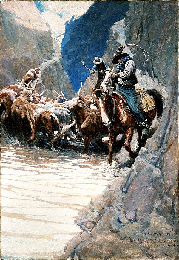 N.C. Wyeth (1882-1945). "Rounding Up," 1904-1905. Oil on canvas, 38 x 26 in. Gift of John M. Schiff. 1.77