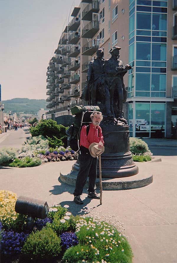 Gertsch reaches the end of his journey appropriately at the "End of the Trail" monument in Seaside, Oregon, July 4, 2005.