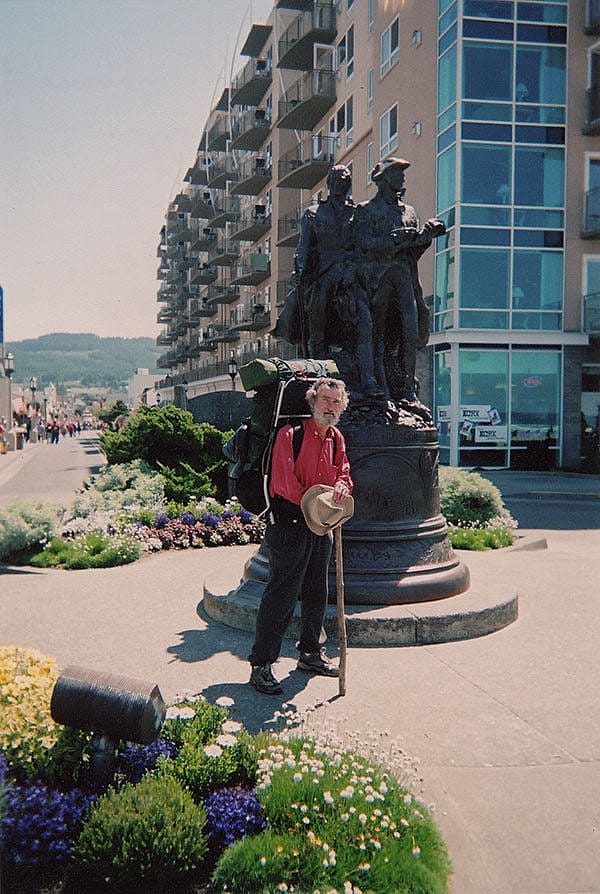 Gertsch reaches the end of his journey appropriately at the "End of the Trail" monument in Seaside, Oregon, July 4, 2005.